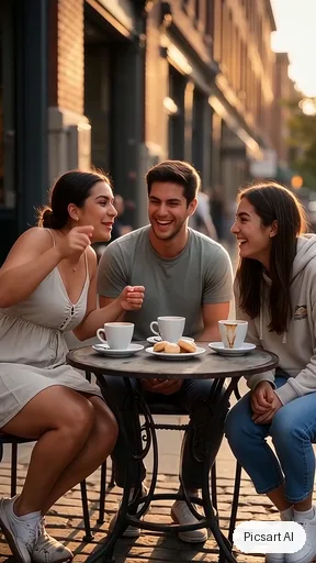 Wan 2.7 clip, middle frame, for: three friends laughing together at an outdoor cafe table, one tells a story with hand gestures, golden hour, candid lifestyle video