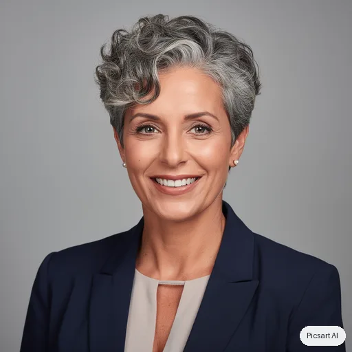 Flux 2 Pro: Professional corporate headshot of a woman in her forties with short curly grey hair, navy blazer, neutral grey studio background, soft even lighting, genuine smile