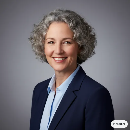 Nano Banana: Professional corporate headshot of a woman in her forties with short curly grey hair, navy blazer, neutral grey studio background, soft even lighting, genuine smile
