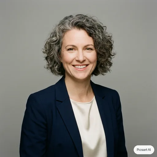 Nano Banana Pro: Professional corporate headshot of a woman in her forties with short curly grey hair, navy blazer, neutral grey studio background, soft even lighting, genuine smile