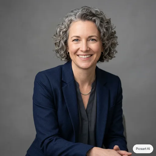 Nano Banana 2: Professional corporate headshot of a woman in her forties with short curly grey hair, navy blazer, neutral grey studio background, soft even lighting, genuine smile
