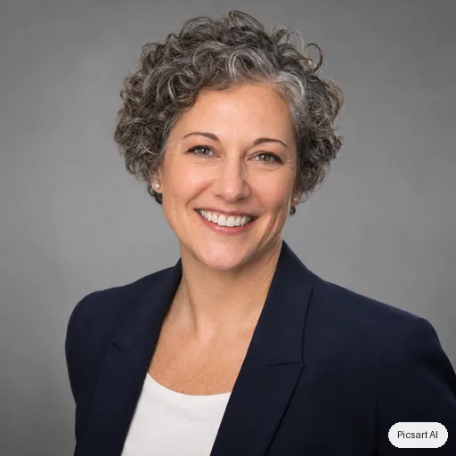 GPT Image 2.5 Sunburst: Professional corporate headshot of a woman in her forties with short curly grey hair, navy blazer, neutral grey studio background, soft even lighting, genuine smile