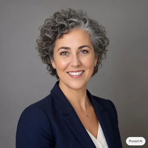 GPT Image 2: Professional corporate headshot of a woman in her forties with short curly grey hair, navy blazer, neutral grey studio background, soft even lighting, genuine smile