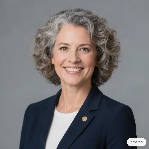 Hunyuan V3: Professional corporate headshot of a woman in her forties with short curly grey hair, navy blazer, neutral grey studio background, soft even lighting, genuine smile