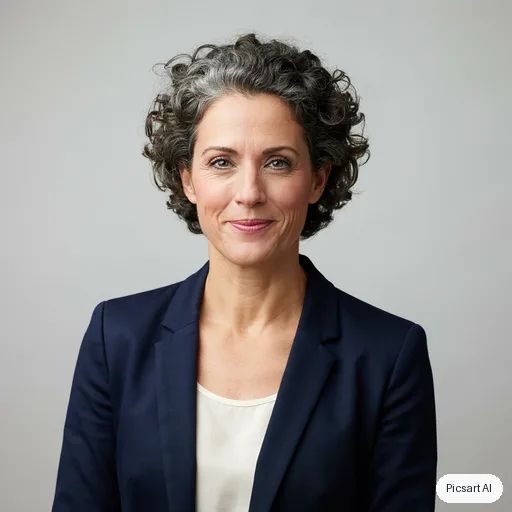 Ideogram 4.5: Professional corporate headshot of a woman in her forties with short curly grey hair, navy blazer, neutral grey studio background, soft even lighting, genuine smile
