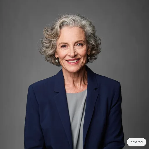 Kling 3.0 Image: Professional corporate headshot of a woman in her forties with short curly grey hair, navy blazer, neutral grey studio background, soft even lighting, genuine smile