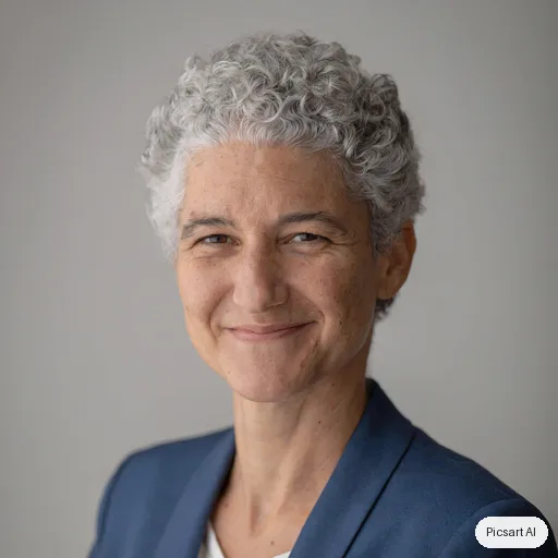 Luma UNI-1: Professional corporate headshot of a woman in her forties with short curly grey hair, navy blazer, neutral grey studio background, soft even lighting, genuine smile