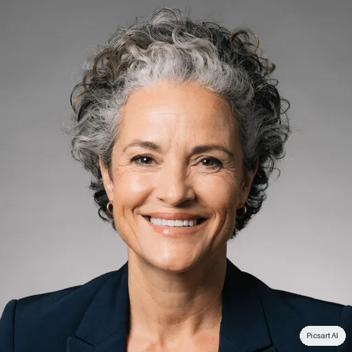Recraft V4.1: Professional corporate headshot of a woman in her forties with short curly grey hair, navy blazer, neutral grey studio background, soft even lighting, genuine smile