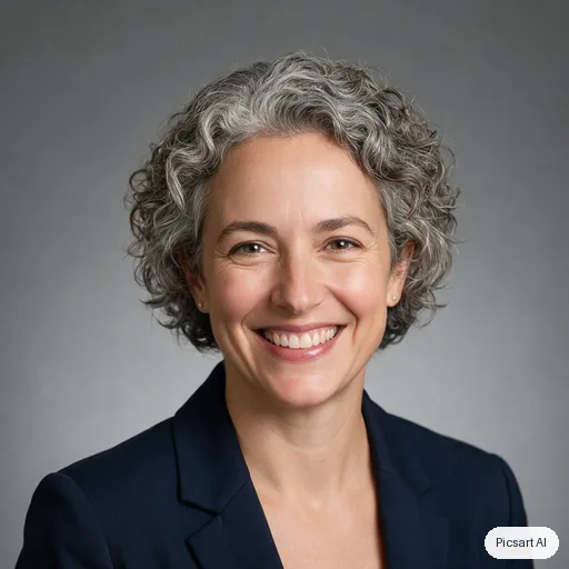 Seedream 5.0 Pro: Professional corporate headshot of a woman in her forties with short curly grey hair, navy blazer, neutral grey studio background, soft even lighting, genuine smile
