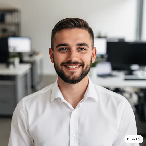 Flux 2 Pro: profile photo, young man with a short beard, white shirt, blurred office