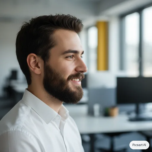 Nano Banana: profile photo, young man with a short beard, white shirt, blurred office