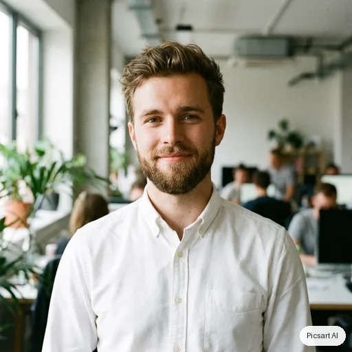 Nano Banana Pro: profile photo, young man with a short beard, white shirt, blurred office