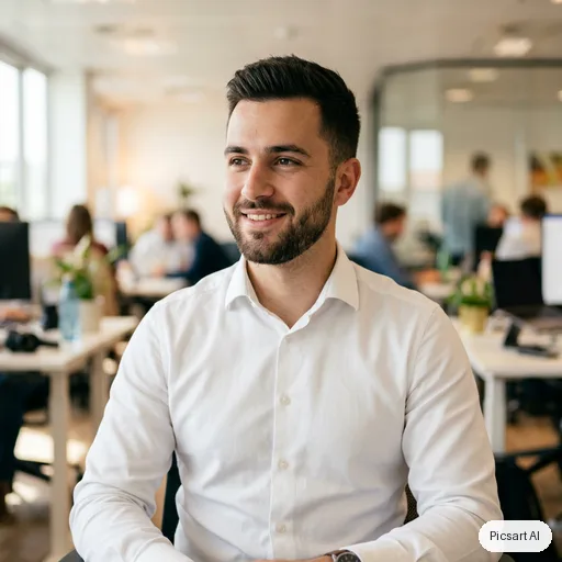 Nano Banana 2: profile photo, young man with a short beard, white shirt, blurred office