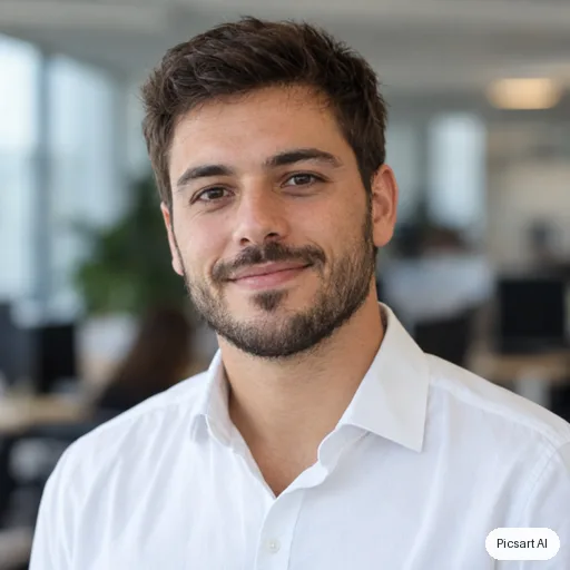 GPT Image 2.5 Sunburst: profile photo, young man with a short beard, white shirt, blurred office