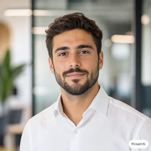 GPT Image 2: profile photo, young man with a short beard, white shirt, blurred office