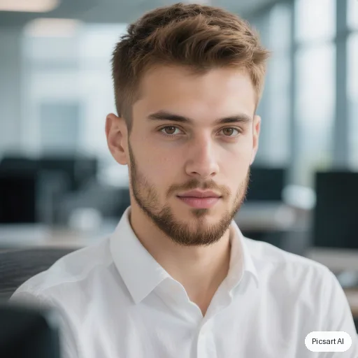 Hunyuan V3: profile photo, young man with a short beard, white shirt, blurred office