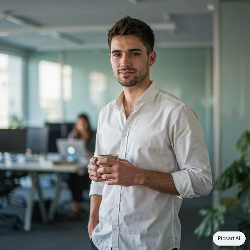 Ideogram 4.5: profile photo, young man with a short beard, white shirt, blurred office