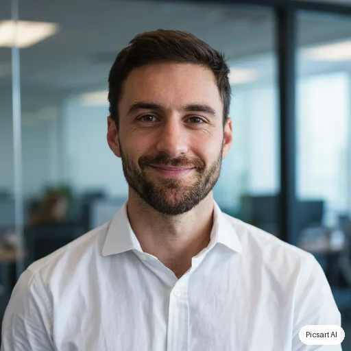 Kling 3.0 Image: profile photo, young man with a short beard, white shirt, blurred office