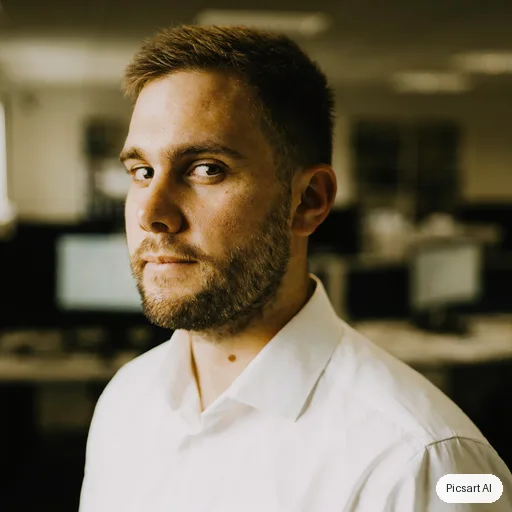 Luma UNI-1: profile photo, young man with a short beard, white shirt, blurred office