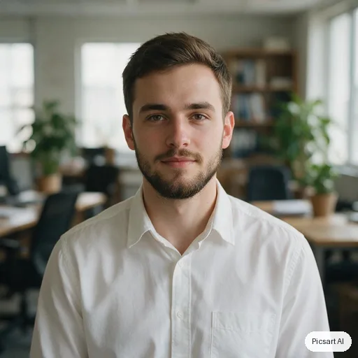 Seedream 5.0 Pro: profile photo, young man with a short beard, white shirt, blurred office