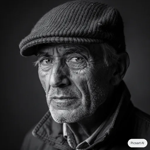 Flux 2 Pro: Editorial black and white portrait of an elderly fisherman with deep wrinkles and a wool cap, dramatic side light, dark background, fine film grain