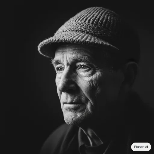 Nano Banana: Editorial black and white portrait of an elderly fisherman with deep wrinkles and a wool cap, dramatic side light, dark background, fine film grain