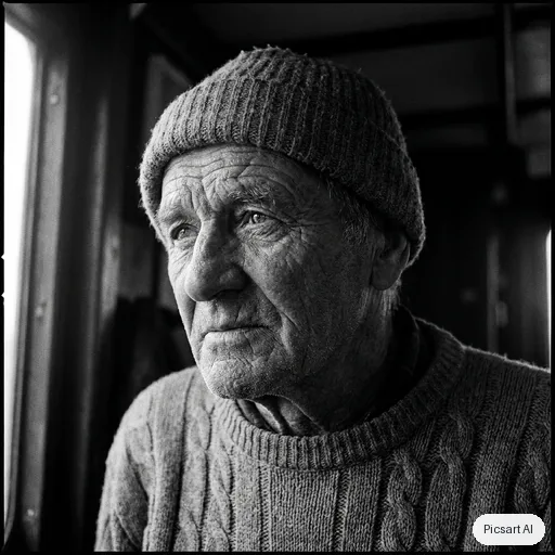 Nano Banana Pro: Editorial black and white portrait of an elderly fisherman with deep wrinkles and a wool cap, dramatic side light, dark background, fine film grain