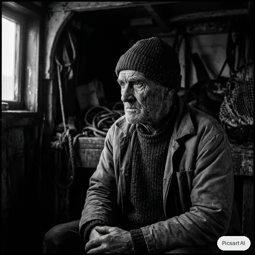 Nano Banana 2: Editorial black and white portrait of an elderly fisherman with deep wrinkles and a wool cap, dramatic side light, dark background, fine film grain