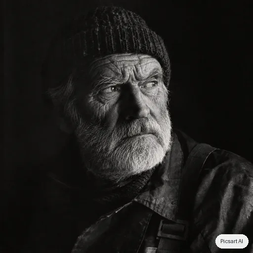 GPT Image 2.5 Sunburst output for: Editorial black and white portrait of an elderly fisherman with deep wrinkles and a wool cap, dramatic side light, dark background, fine film grain