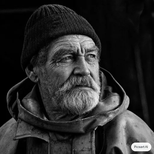 GPT Image 2: Editorial black and white portrait of an elderly fisherman with deep wrinkles and a wool cap, dramatic side light, dark background, fine film grain