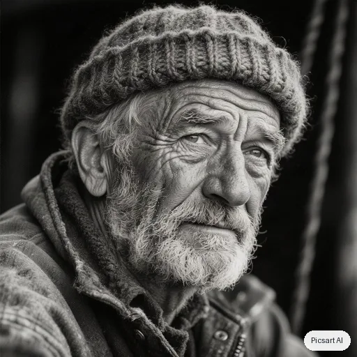 Hunyuan V3: Editorial black and white portrait of an elderly fisherman with deep wrinkles and a wool cap, dramatic side light, dark background, fine film grain