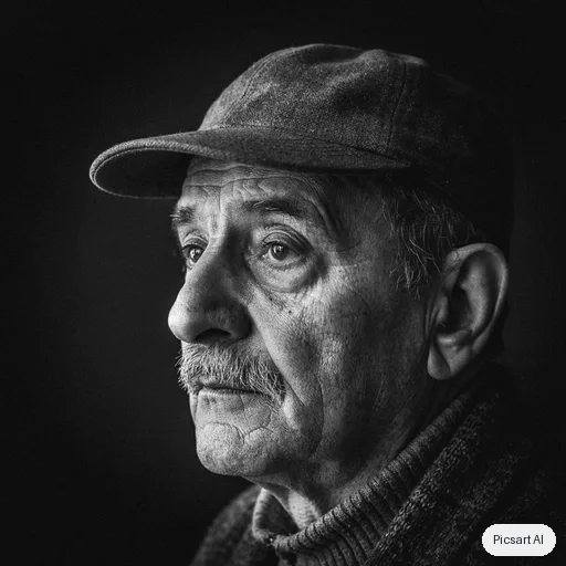 Ideogram 4.5: Editorial black and white portrait of an elderly fisherman with deep wrinkles and a wool cap, dramatic side light, dark background, fine film grain