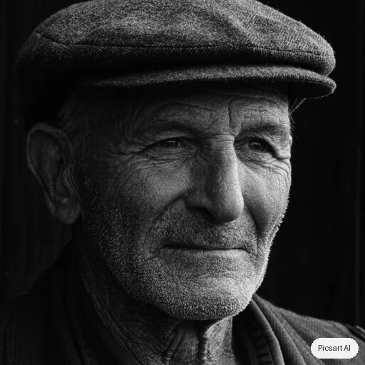 Kling 3.0 Image: Editorial black and white portrait of an elderly fisherman with deep wrinkles and a wool cap, dramatic side light, dark background, fine film grain