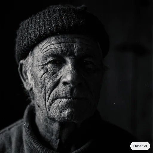 Luma UNI-1: Editorial black and white portrait of an elderly fisherman with deep wrinkles and a wool cap, dramatic side light, dark background, fine film grain