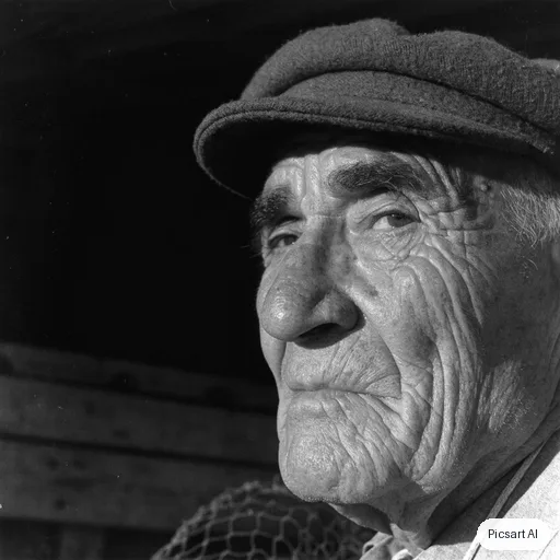 Recraft V4.1: Editorial black and white portrait of an elderly fisherman with deep wrinkles and a wool cap, dramatic side light, dark background, fine film grain