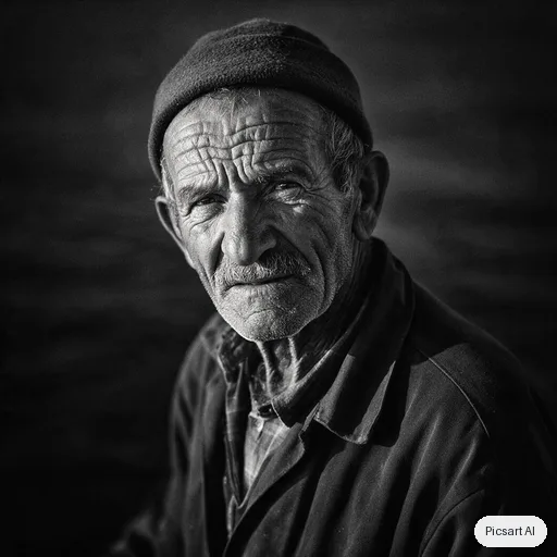 Seedream 5.0 Pro: Editorial black and white portrait of an elderly fisherman with deep wrinkles and a wool cap, dramatic side light, dark background, fine film grain