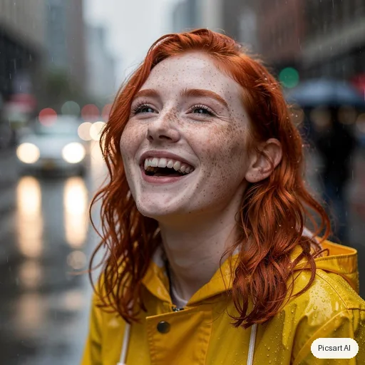 Flux 2 Pro: Natural light portrait of a woman with freckles and red hair in a yellow raincoat, laughing, rainy city street softly out of focus behind her