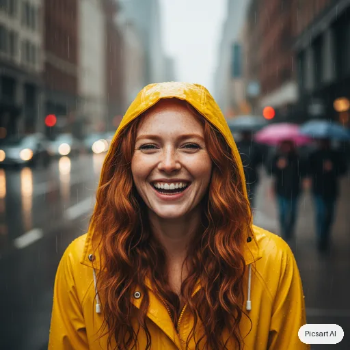 Nano Banana: Natural light portrait of a woman with freckles and red hair in a yellow raincoat, laughing, rainy city street softly out of focus behind her