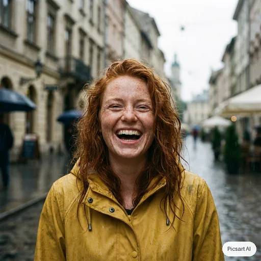 Nano Banana Pro: Natural light portrait of a woman with freckles and red hair in a yellow raincoat, laughing, rainy city street softly out of focus behind her
