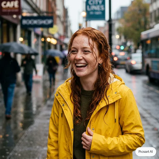 Nano Banana 2: Natural light portrait of a woman with freckles and red hair in a yellow raincoat, laughing, rainy city street softly out of focus behind her