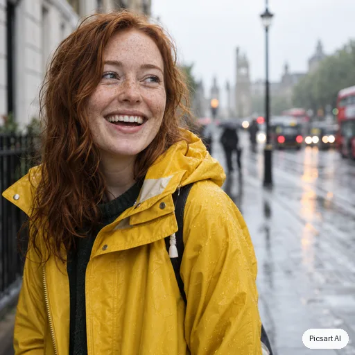 GPT Image 2.5 Sunburst: Natural light portrait of a woman with freckles and red hair in a yellow raincoat, laughing, rainy city street softly out of focus behind her