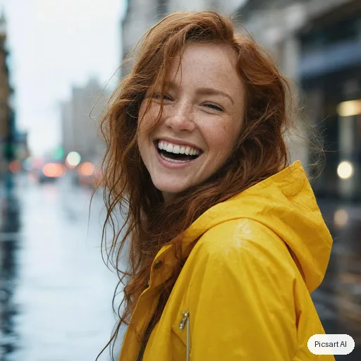 GPT Image 2: Natural light portrait of a woman with freckles and red hair in a yellow raincoat, laughing, rainy city street softly out of focus behind her