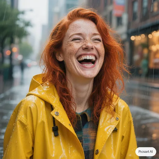 Hunyuan V3: Natural light portrait of a woman with freckles and red hair in a yellow raincoat, laughing, rainy city street softly out of focus behind her