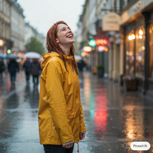 Ideogram 4.5: Natural light portrait of a woman with freckles and red hair in a yellow raincoat, laughing, rainy city street softly out of focus behind her