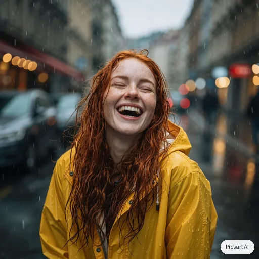 Kling 3.0 Image: Natural light portrait of a woman with freckles and red hair in a yellow raincoat, laughing, rainy city street softly out of focus behind her