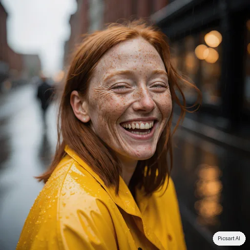 Luma UNI-1: Natural light portrait of a woman with freckles and red hair in a yellow raincoat, laughing, rainy city street softly out of focus behind her