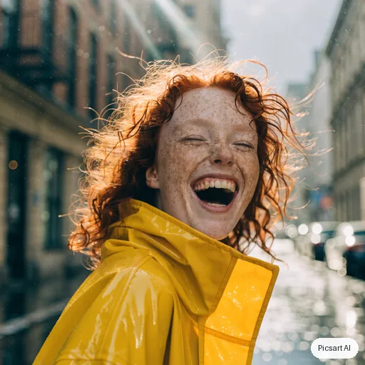 Recraft V4.1: Natural light portrait of a woman with freckles and red hair in a yellow raincoat, laughing, rainy city street softly out of focus behind her
