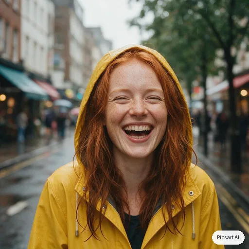 Seedream 5.0 Pro: Natural light portrait of a woman with freckles and red hair in a yellow raincoat, laughing, rainy city street softly out of focus behind her