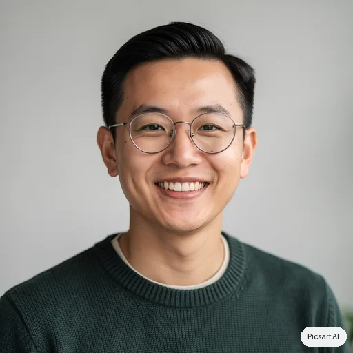 Flux 2 Pro: headshot for a startup team page, man in his thirties, East Asian, round glasses, dark green sweater, light background, warm smile