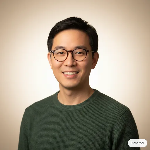 Nano Banana: headshot for a startup team page, man in his thirties, East Asian, round glasses, dark green sweater, light background, warm smile